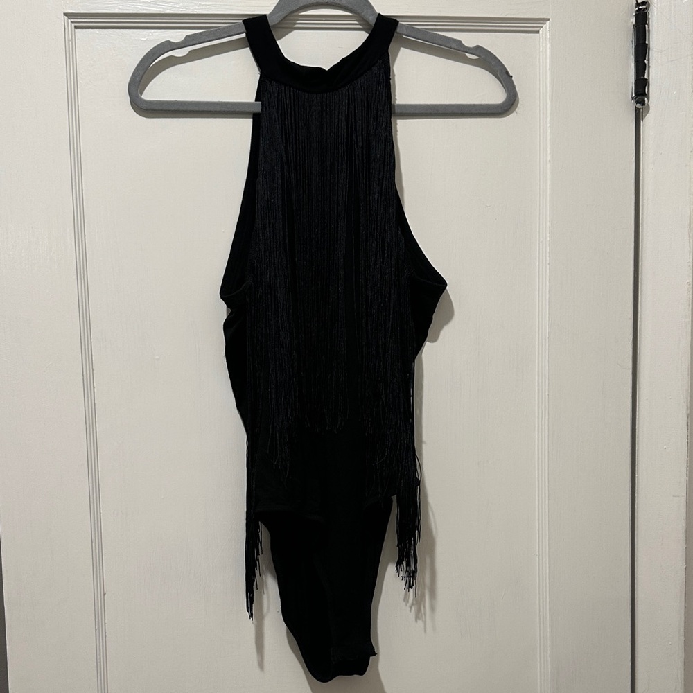Elegant Black Fringe Bodysuit